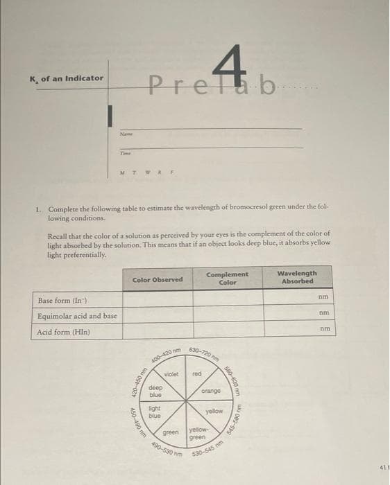 K, of an Indicator
Name
MT
Base form (In)
Equimolar acid and base
Acid form (Hin)
4
Prelab
1. Complete the following table to estimate the wavelength of bromocresol green under the fol-
lowing conditions.
WAF
Recall that the color of a solution as perceived by your eyes is the complement of the color of
light absorbed by the solution. This means that if an object looks deep blue, it absorbs yellow
light preferentially.
450-490 mm
Color Observed
400-420 m
nm
420-450 mm
deep
blue
light
blue
violet red
green
490-530 m
Complement
Color
630-720 nm
orange
yellow
yellow-
green
530-545 nm
580-630
130 mm
545-580 nm
Wavelength
Absorbed
nm
nm
411