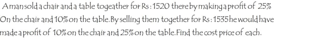 Amansolda chair anda table togeather for Rs:1520 therebymakingaprofit of 25%
On the chair and 10%on the table.By selling them together for Rs:1535hewould have
madea profit of 10%on the chair and 25%on the table.Find the cost price of each.
