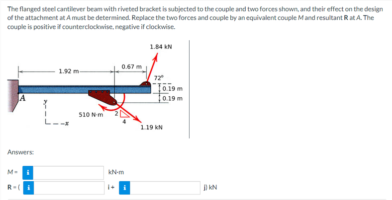 The
flanged steel cantilever beam with riveted bracket is subjected to the couple and two forces shown, and their effect on the design
of the attachment at A must be determined. Replace the two forces and couple by an equivalent couple M and resultant R at A. The
couple is positive if counterclockwise, negative if clockwise.
1.84 KN
0.67 m
1.92 m-
72⁰
A
Answers:
M = i
R=(i
L.
510 N-m
kN.m
i+
1.19 KN
0.19 m
0.19 m
j) kN