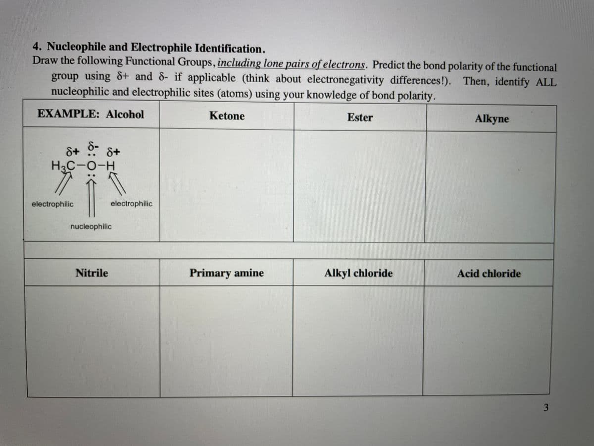 4. Nucleophile and Electrophile Identification.
Draw the following Functional Groups, including lone pairs of electrons. Predict the bond polarity of the functional
group using &+ and 8- if applicable (think about electronegativity differences!). Then, identify ALL
nucleophilic and electrophilic sites (atoms) using your knowledge of bond polarity.
EXAMPLE: Alcohol
Ketone
Ester
Alkyne
8-
&+ 8+
H3C-O-H
electrophilic
electrophilic
nucleophilic
Nitrile
Primary amine
Alkyl chloride
Acid chloride
