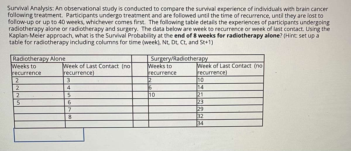 Survival Analysis: An observational study is conducted to compare the survival experience of individuals with brain cancer
following treatment. Participants undergo treatment and are followed until the time of recurrence, until they are lost to
follow-up or up to 40 weeks, whichever comes first. The following table details the experiences of participants undergoing
radiotherapy alone or radiotherapy and surgery. The data below are week to recurrence or week of last contact. Using the
Kaplan-Meier approach, what is the Survival Probability at the end of 8 weeks for radiotherapy alone? (Hint: set up a
table for radiotherapy including columns for time (week), Nt, Dt, Ct, and St+1)
Radiotherapy Alone
Weeks to
recurrence
Week of Last Contact (no
|recurrence)
Surgery/Radiotherapy
Weeks to
Week of Last Contact (no
recurrence)
recurrence
2
6
10
10
2
4
14
21
23
29
32
34
2
8
