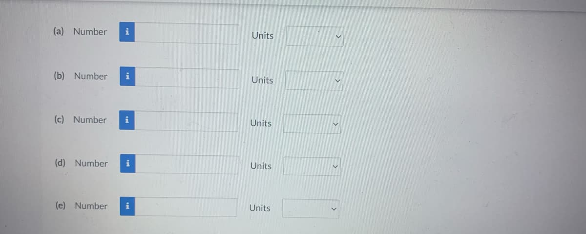 (a) Number i
(b) Number i
(c) Number i
(d) Number i
(e) Number i
Units
Units
Units
Units
Units