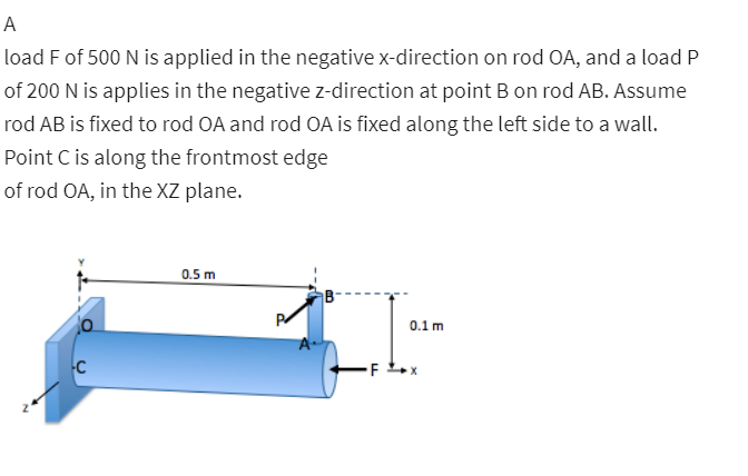 A
load F of 500 N is applied in the negative x-direction on rod OA, and a load P
of 200 N is applies in the negative z-direction at point B on rod AB. Assume
rod AB is fixed to rod OA and rod OA is fixed along the left side to a wall.
Point C is along the frontmost edge
of rod OA, in the XZ plane.
0.5 m
0.1 m
F
