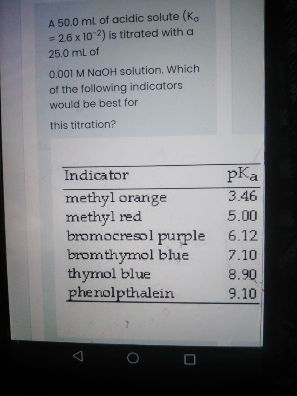 A 50.0 mL of acidic solute (Ka
= 2.6 x 10-2) is titrated with a
%3D
25.0 mL of
0.001 M NaOH solution. Which
of the following indicators
would be best for
this titration?
Indicator
pKa
methyl orange
methyl red
bromocresol purple
bromthymol blue
thymol blue
phenolpthalein
3.46
5.00
6.12
7.10
8.90
9.10
