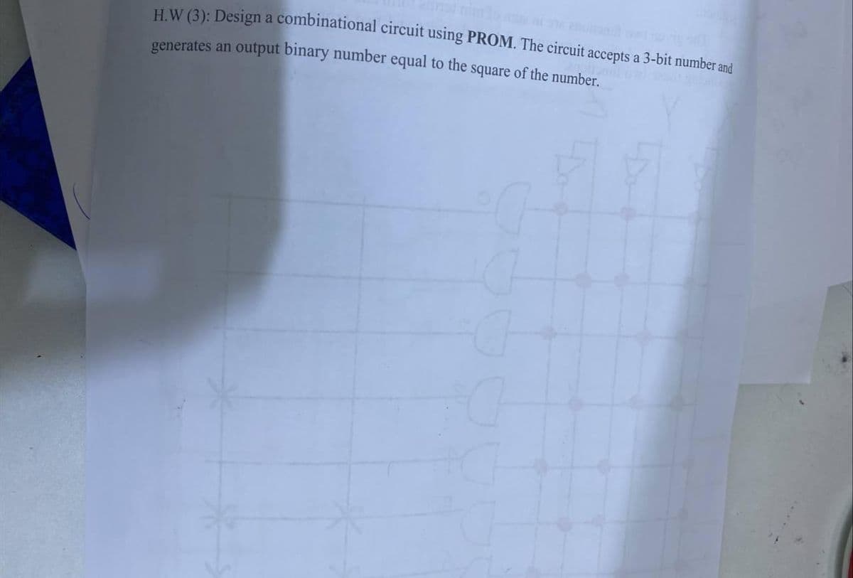 HW (3): Design a combinational circuit using PROM. The circuit accepts a 3-bit number and
generates an output binary number equal to the square of the number.
