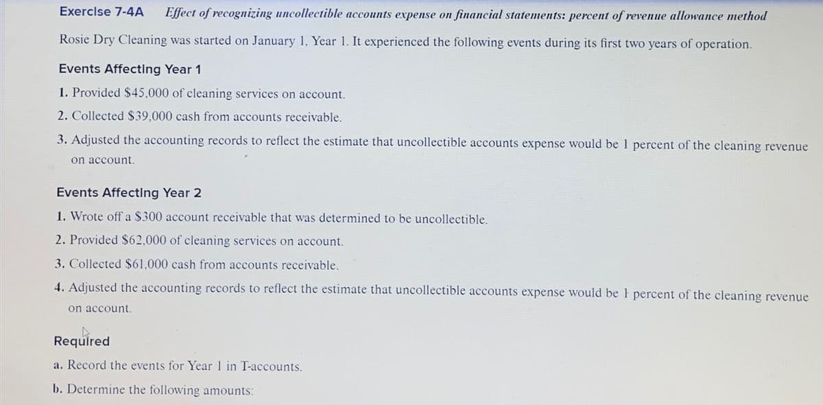 Exercise 7-4A Effect of recognizing uncollectible accounts expense on financial statements: percent of revenue allowance method
Rosie Dry Cleaning was started on January 1, Year 1. It experienced the following events during its first two years of operation.
Events Affecting Year 1
1. Provided $45,000 of cleaning services on account.
2. Collected $39,000 cash from accounts receivable.
3. Adjusted the accounting records to reflect the estimate that uncollectible accounts expense would be 1 percent of the cleaning revenue
on account.
Events Affecting Year 2
1. Wrote off a $300 account receivable that was determined to be uncollectible.
2. Provided $62,000 of cleaning services on account.
3. Collected $61,000 cash from accounts receivable.
4. Adjusted the accounting records to reflect the estimate that uncollectible accounts expense would be 1 percent of the cleaning revenue
on account.
Required
a. Record the events for Year 1 in T-accounts.
b. Determine the following amounts: