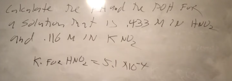 Calculate the & A and the POH FOR
a solution that is 1433 M 20 HNU₂
and .116 MIN K NO ₂
Ki FOR HNO₂ = 5₁1x10²x