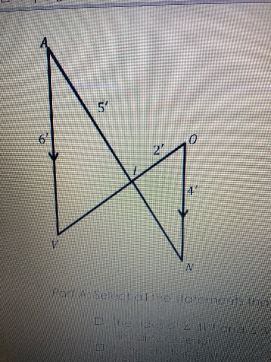 A
5'
6'
2'
4'
V
Part A: Select all the statements tha
OThe sides of A AVI and A N
Similarity Criterion.
OThere are two pols ofside
