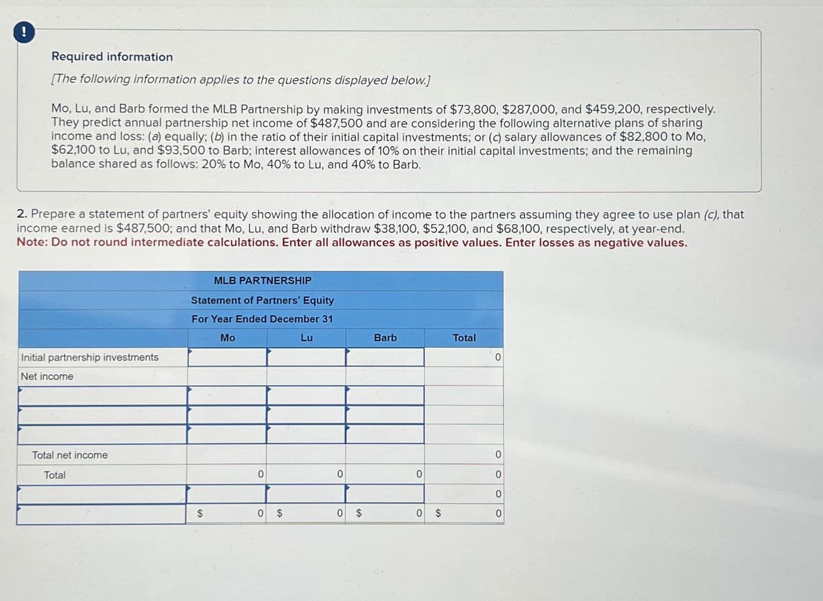 Required information
[The following information applies to the questions displayed below.]
Mo, Lu, and Barb formed the MLB Partnership by making investments of $73,800, $287,000, and $459,200, respectively.
They predict annual partnership net income of $487,500 and are considering the following alternative plans of sharing
income and loss: (a) equally; (b) in the ratio of their initial capital investments; or (c) salary allowances of $82,800 to Mo,
$62,100 to Lu, and $93,500 to Barb; interest allowances of 10% on their initial capital investments; and the remaining
balance shared as follows: 20% to Mo, 40% to Lu, and 40% to Barb.
2. Prepare a statement of partners' equity showing the allocation of income to the partners assuming they agree to use plan (c), that
income earned is $487,500; and that Mo, Lu, and Barb withdraw $38,100, $52,100, and $68,100, respectively, at year-end.
Note: Do not round intermediate calculations. Enter all allowances as positive values. Enter losses as negative values.
Initial partnership investments
Net income
Total net income
Total
MLB PARTNERSHIP
Statement of Partners' Equity
For Year Ended December 31
Mo
Lu
Barb
Total
0
0
0
0
0
0
0
$
0
$
0
$
0
$
0