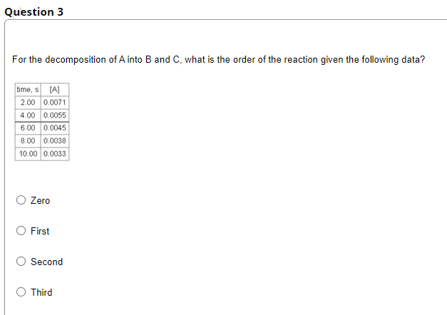 Question 3
For the decomposition of A into B and C, what is the order of the reaction given the following data?
time, s [A]
2.00 0.0071
4.00 0.0055
6.00 0.0045
8.00 0.0038
10.00 0.0033
Zero
O First
Second
Third