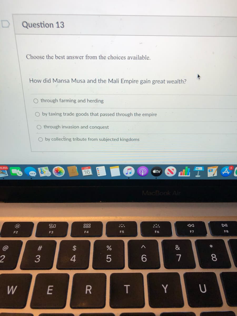 **Question 13**

Choose the best answer from the choices available.

**How did Mansa Musa and the Mali Empire gain great wealth?**

- O through farming and herding
- O by taxing trade goods that passed through the empire
- O through invasion and conquest
- O by collecting tribute from subjected kingdoms