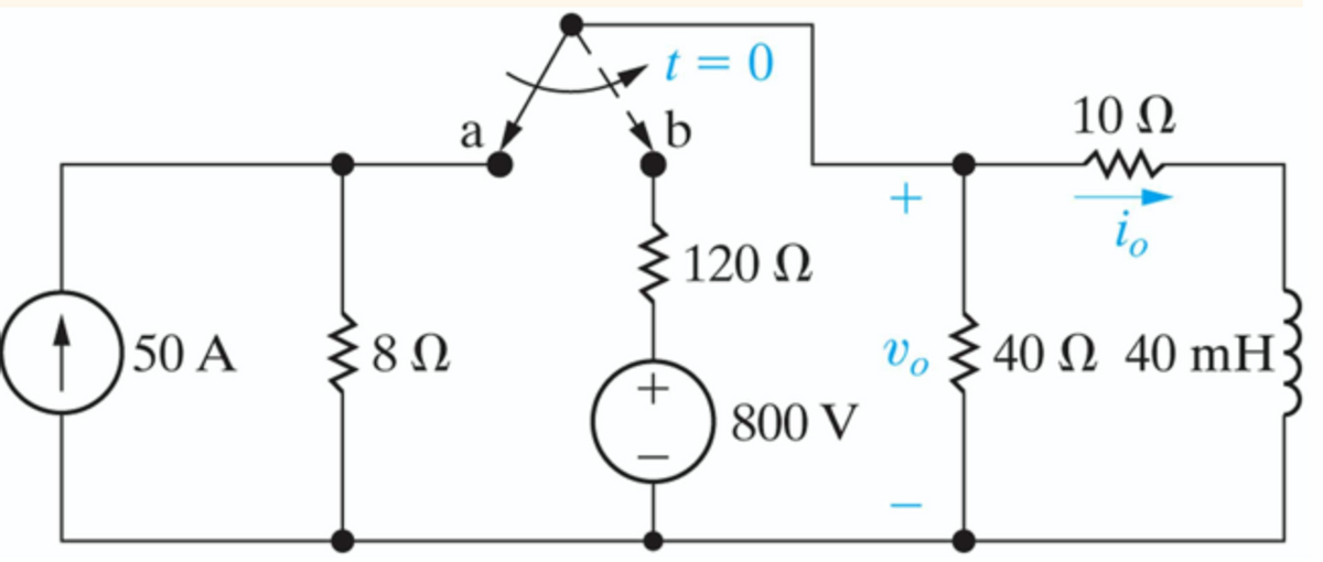 t = 0
10 Ω
a
b
+
120 N
50 A
8Ω
40 N 40 mH-
Vo
800 V
u
