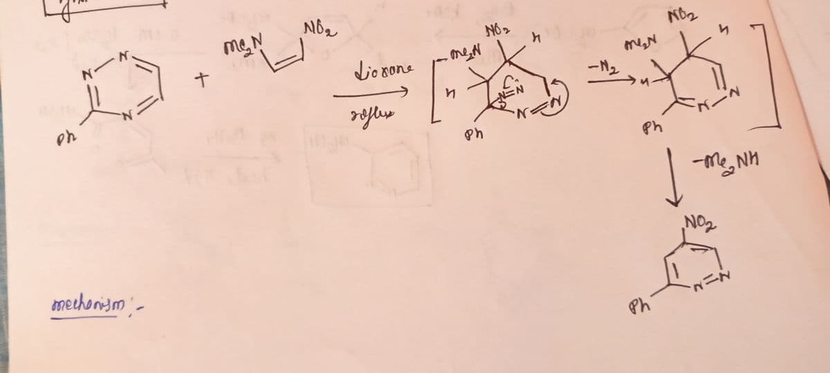 Ph
=
N.
mechanism -
十
Me N
NO₂
Lionone
softes
me N
и
Ph
NO ₂
N=N
}
-N₂
me₂N
Ph
Ph
NO₂
4
TNH
NO₂
N=N