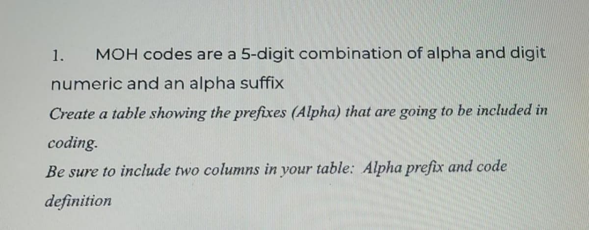 1.
MOH codes are a 5-digit combination of alpha and digit
numeric and an alpha suffix
Create a table showing the prefixes (Alpha) that are going to be included in
coding.
Be sure to include two columns in your table: Alpha prefix and code
definition
