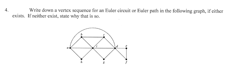 4.
Write down a vertex sequence for an Euler circuit or Euler path in the following graph, if either
exists. If neither exist, state why that is so.
a
