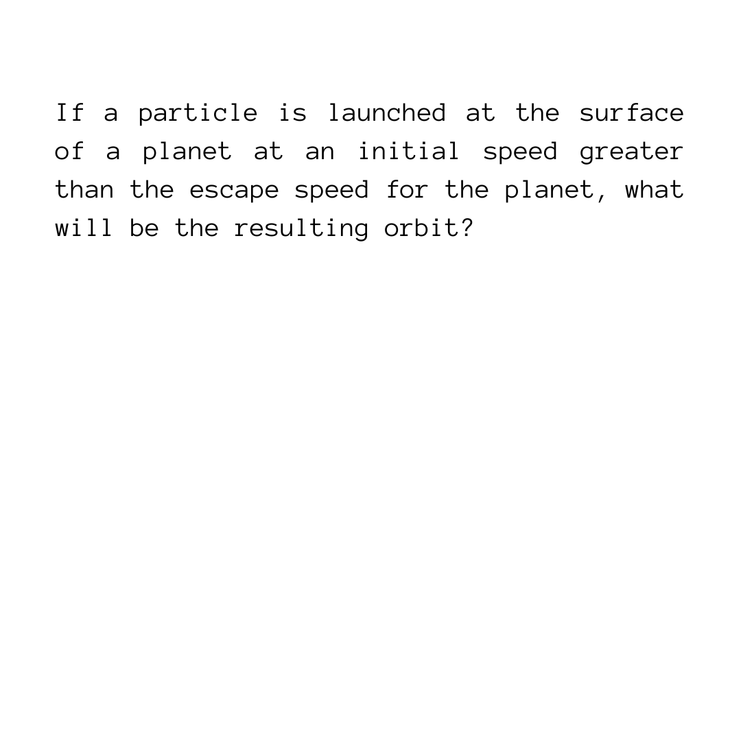 If a particle is launched at the surface
of a planet at an initial speed greater
than the escape speed for the planet, what
will be the resulting orbit?