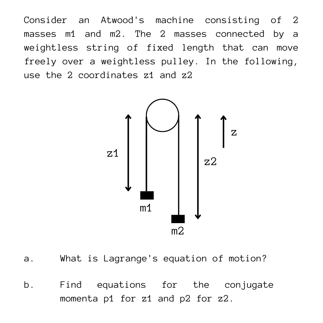 Consider an Atwood's machine consisting of 2
masses m1 and m2. The 2 masses connected by a
weightless string of fixed length that can move
freely over a weightless pulley. In the following,
use the 2 coordinates z1 and z2
z1
LAF
z2
m1
m2
What is Lagrange's equation of motion?
for the conjugate
Find equations
momenta p1 for z1 and p2 for z2.
a.
b.
N