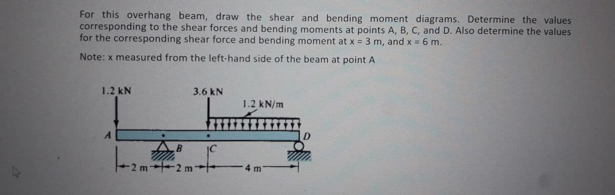 For this overhang beam, draw the shear and bending moment diagrams. Determine the values
corresponding to the shear forces and bending moments at points A, B, C, and D. Also determine the values
for the corresponding shear force and bending moment at x = 3 m, and x = 6 m.
%3D
%3D
Note: x measured from the left-hand side of the beam at point A
1.2 kN
3.6 kN
1.2 kN/m
IC
47
-2 m 2 m-
-4 m
