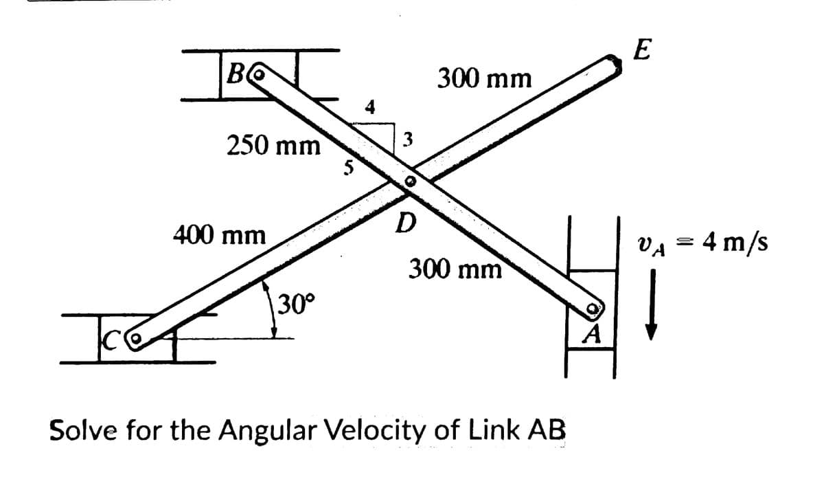 E
300 mm
3
250 mm
5
400 mm
VA = 4 m/s
300 mm
30°
A
Solve for the Angular Velocity of Link AB
