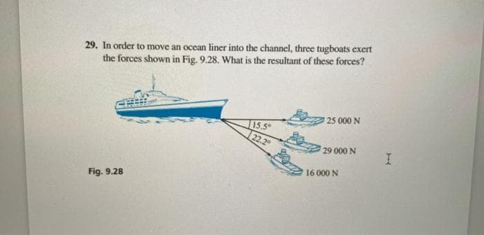 29. In order to move an ocean liner into the channel, three tugboats exert
the forces shown in Fig. 9.28. What is the resultant of these forces?
25 000 N
15.5°
22.2
29 000 N
16 000 N
Fig. 9.28
