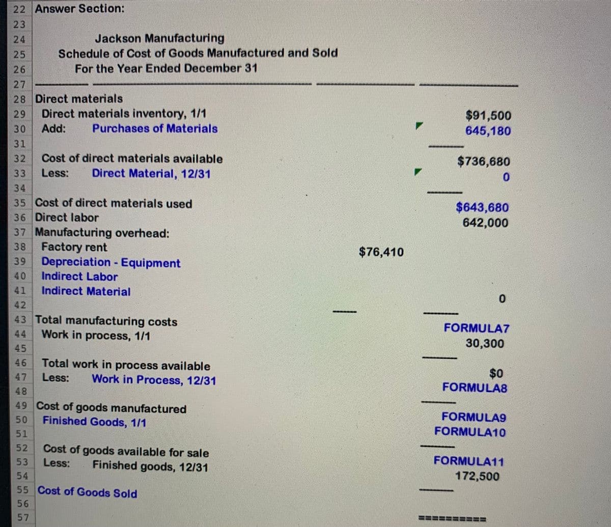 22 Answer Section:
23
24
Jackson Manufacturing
25
Schedule of Cost of Goods Manufactured and Sold
26
For the Year Ended December 31
27
28 Direct materials
Direct materials inventory, 1/1
$91,500
645,180
29
30
Add:
Purchases of Materials
31
Cost of direct materials available
Direct Material, 12/31
32
$736,680
33
Less:
0.
34
35 Cost of direct materials used
36 Direct labor
37 Manufacturing overhead:
38 Factory rent
Depreciation - Equipment
$643,680
642,000
$76,410
39
40
Indirect Labor
41
Indirect Material
42
43 Total manufacturing costs
Work in process, 1/1
FORMULA7
44
30,300
45
Total work in process available
Work in Process, 12/31
46
$0
FORMULA8
47
Less:
48
49 Cost of goods manufactured
Finished Goods, 1/1
50
FORMULA9
51
FORMULA10
52
Cost of goods available for sale
Less:
53
Finished goods, 12/31
FORMULA11
54
172,500
55 Cost of Goods Sold
56
57
