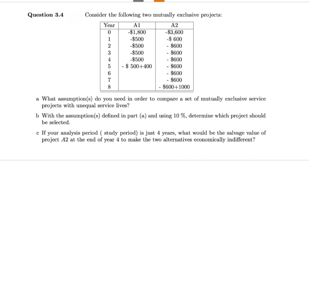 Question 3.4
Consider the following two mutually exclusive projects:
Year
A1
A2
0
-$1,800
-$3,600
1
-$500
-$ 600
2
-$500
- $600
3
-$500
- $600
-$500
- $600
$ 500+400
- $600
- $600
- $600
8
- $600+1000
a What assumption(s) do you need in order to compare a set of mutually exclusive service
projects with unequal service lives?
b With the assumption(s) defined in part (a) and using 10%, determine which project should
be selected.
c If your analysis period (study period) is just 4 years, what would be the salvage value of
project A2 at the end of year 4 to make the two alternatives economically indifferent?
