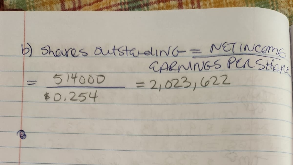 b) shares outstandiNG = NET INCOME
CARNINGS PERSHARE
514000 = 2,023, 622
$0.254