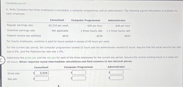 Compute payroll
K. Mello Company has three employees-a consultant, a computer programmer, and an administrator. The following payroll information is available for
each employee:
Regular earnings rate
Overtime earnings rate
Federal income tax withheld
Consultant
$2,510 per week
Not applicable
$915
Computer Programmer
$30 per hour
2 times hourly rate
$239
For hourly employees, overtime is paid for hours worked in excess of 40 hours per week.
For the current pay period, the computer programmer worked 52 hours and the administrator worked 63 hours. Assume that the social security tax rate
was 6.0%, and the Medicare tax rate was 1.5%.
Administrator
Gross pay
Net pay
$48 per hour
1.5 times hourly rate
$505
Determine the gross pay and the net pay for each of the three employees for the current pay period. Assume the normal working hours in a week are
40 hours. When required round intermediate calculations and final answers to two decimal places..
Consultant
Computer Programmer
Administrator
2,510