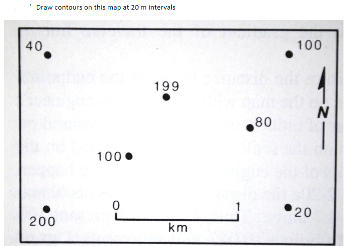 Draw contours on this map at 20 m intervals
40
100
199
80
100 •
20
200
km
