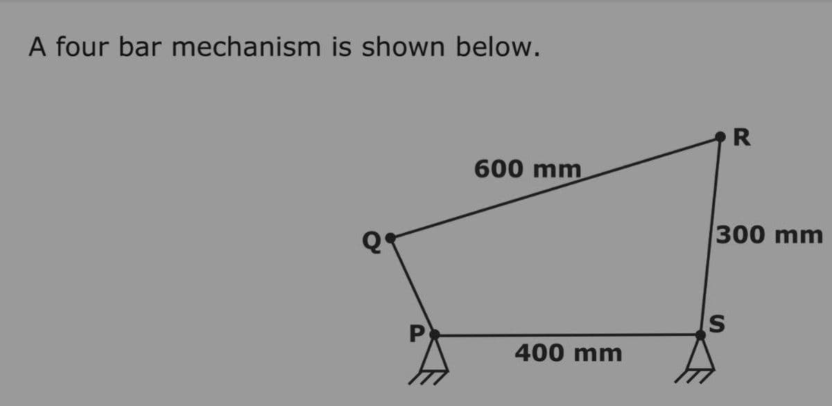 A four bar mechanism is shown below.
600 mm
Q
300 mm
400 mm
