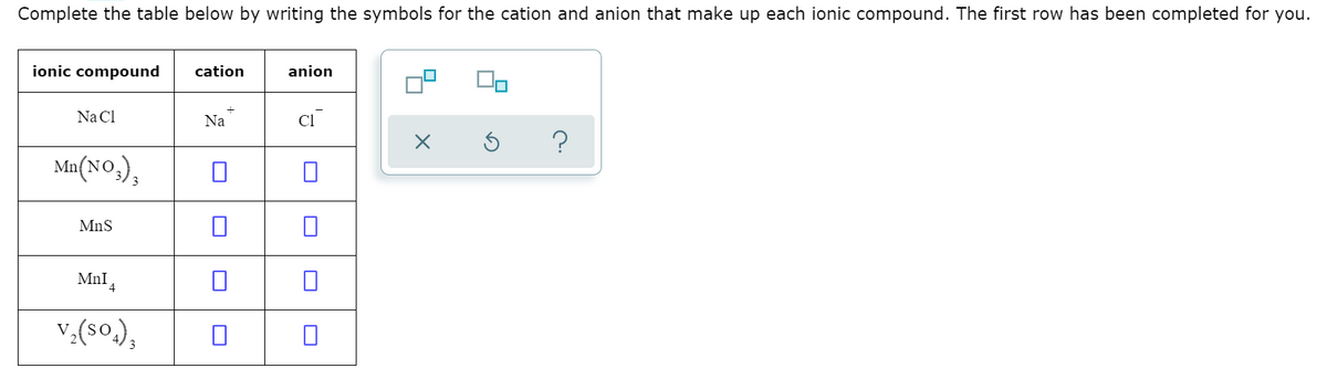 Complete the table below by writing the symbols for the cation and anion that make up each ionic compound. The first row has been completed for you.
ionic compound
cation
anion
Na Cl
Na
Cl
Mn(NO,),
MnS
Mnl 4
V:(so.),
