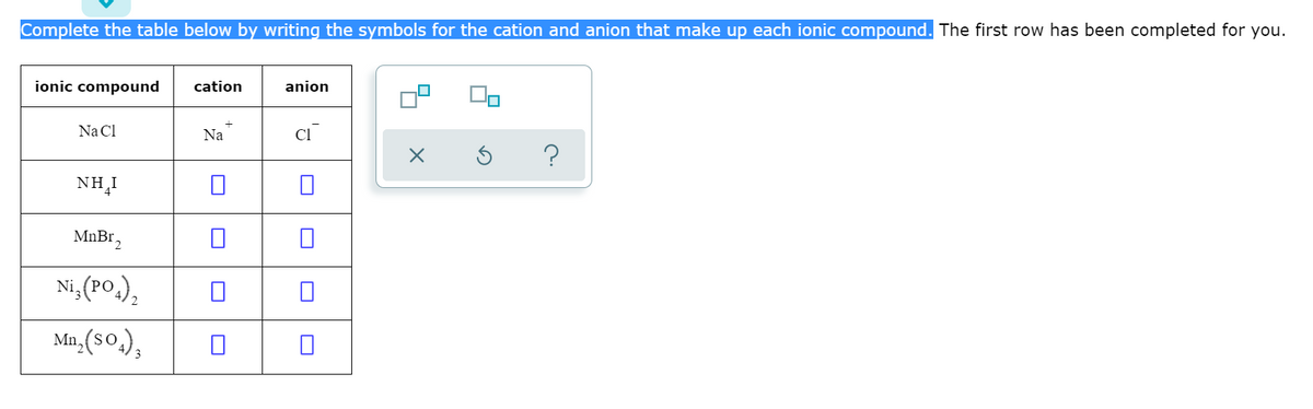 Complete the table below by writing the symbols for the cation and anion that make up each ionic compound. The first row has been completed for you.
ionic compound
cation
anion
Na Cl
Na
Cl
NH,I
MnBr,
Ni, (PO,.),
Mn,(s0.),
