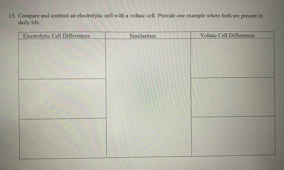 13. Compare and contrast an electrolytic cell with a voltaic cell. Provide one example where both are present in
daily life.
Electrolytic Cell Differences
Similarities
Voltaic Cell Differences