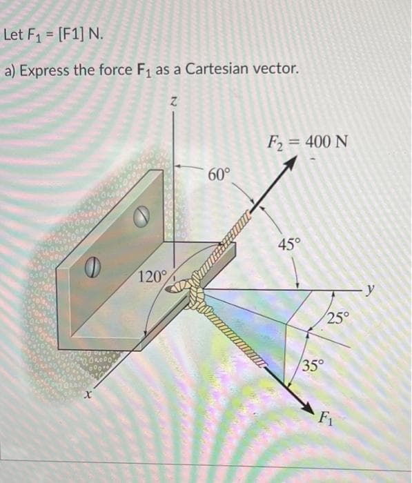 Let F₁ = [F1] N.
a) Express the force F₁ as a Cartesian vector.
X
120°
dentas
Z
60°
F₂ = 400 N
45°
35°
25°
F₁
∙y