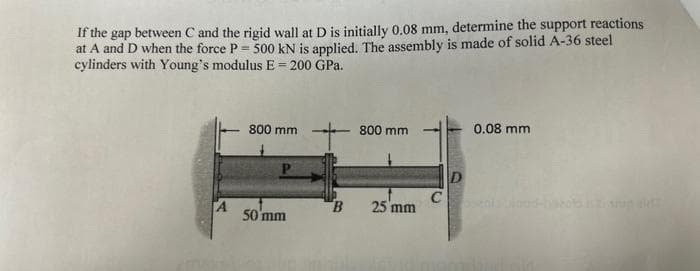 If the gap between C and the rigid wall at D is initially 0.08 mm, determine the support reactions
at A and D when the force P=3 500 kN is applied. The assembly is made of solid A-36 steel
cylinders with Young's modulus E = 200 GPa.
A
800 mm
50 mm
B
800 mm
25 mm
C
0.08 mm