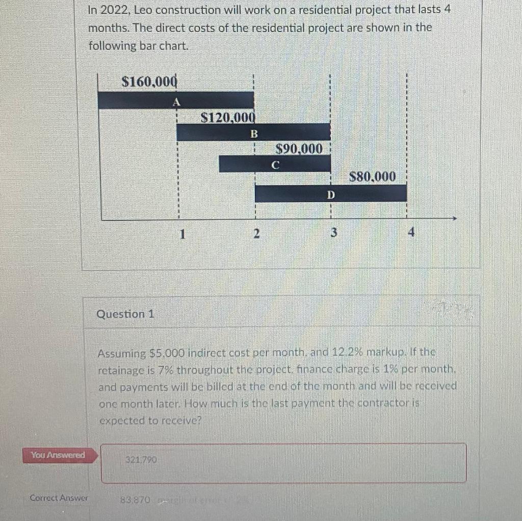 You Answered
In 2022, Leo construction will work on a residential project that lasts 4
months. The direct costs of the residential project are shown in the
following bar chart.
Correct Answer
$160,000
Question 1
A
321.790
11
$
1
$120,000
83.870 gi
B
2
$90,000
C
D
1
3
$80,000
Assuming $5.000 indirect cost per month, and 12.2% markup. If the
retainage is 7% throughout the project, finance charge is 1% per month.
and payments will be billed at the end of the month and will be received
one month later. How much is the last payment the contractor is
expected to receive?
4