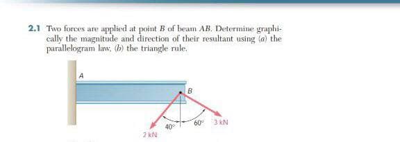 2.1 Two forces are applied at point B of beam AB. Determine graphi-
cally the magnitude and direction of their resultant using (a) the
parallelogram law, (h) the triangle rule.
A
B
60
3 kN
40°
2 KN
