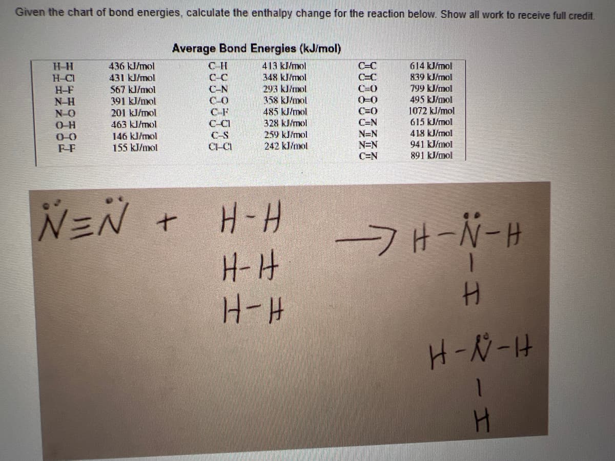 ## Calculation of Enthalpy Change for a Chemical Reaction

### Bond Energies Table

Given the chart of bond energies below, use this data to calculate the enthalpy change for the provided reaction. Show all work to receive full credit.

#### Average Bond Energies (kJ/mol)

| Bond  | Energy (kJ/mol) | Bond  | Energy (kJ/mol) | Bond  | Energy (kJ/mol) |
|-------|-----------------|-------|-----------------|-------|-----------------|
| H–H   | 436             | C–H   | 413             | C≡C   | 614             |
| H–Cl  | 431             | C–C   | 348             | C≡N   | 839             |
| H–F   | 567             | C–N   | 293             | C=O   | 799             |
| N≡N   | 941             | C–O   | 358             | O=O   | 495             |
| N=O   | 201             | O–O   | 146             | N≡O   | 1072            |
| O–H   | 463             | C–S   | 259             | C≡N   | 891             |
| O=O   | 146             | Cl–Cl | 242             |       |                 |
| F–F   | 155             |       |                 |       |                 |

### Reaction and Diagrams

The provided chemical reaction is:

\[ \ce{N2 + 3 H2 -> 2 NH3} \]

In the schematic representation below, the bonds breaking and forming are shown step-by-step:

#### Reactants
\[
\ce{N \equiv N} + \ce{H-H} \ \ce{H-H} \ \ce{H-H} 
\]

#### Products
\[
\ce{H-N-H} \quad \ce{H} \quad \ce{H-N-H}
\]

### Calculation Steps

#### Bond Breaking

1. 1 Nitrogen triple bond:  \( \ce{N \equiv N} \) 
   - Bond energy: 941 kJ/mol
2. 3 Hydrogen-Hydrogen single bonds: \( 3 \ce{H-H} \) 
