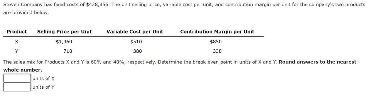 Steven Company has fixed costs of $428,856. The unit selling price, variable cost per unit, and contribution margin per unit for the company's two products
are provided below.
Variable Cost per Unit
$510
380
units of X
units of Y
Product Selling Price per Unit
X
$1,360
Y
710
The sales mix for Products X and Y is 60% and 40%, respectively. Determine the break-even point in units of X and Y. Round answers to the nearest
whole number.
Contribution Margin per Unit
$850
330