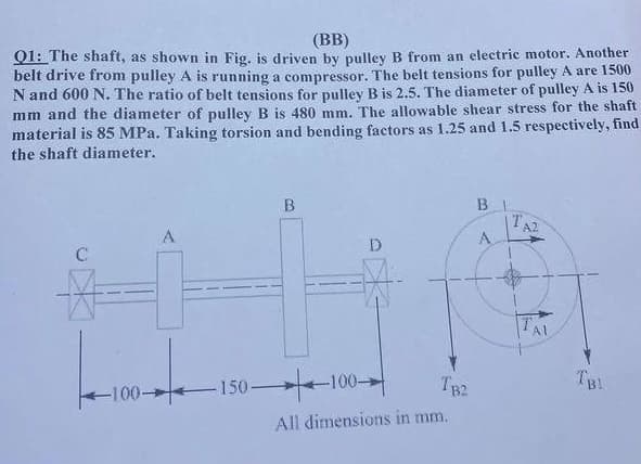 (BB)
Q1: The shaft, as shown in Fig. is driven by pulley B from an electric motor. Another
belt drive from pulley A is running a compressor. The belt tensions for pulley A are 1500
N and 600 N. The ratio of belt tensions for pulley B is 2.5. The diameter of pulley A is 150
mm and the diameter of pulley B is 480 mm. The allowable shear stress for the shaft
material is 85 MPa. Taking torsion and bending factors as 1.25 and 1.5 respectively, find
the shaft diameter.
C
#
-100-
A
B
-150-100
D
TB2
All dimensions in mm.
B
A
TAZ
TAI
TB1