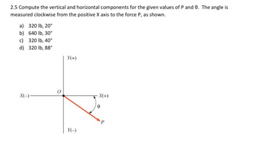 2.5 Compute the vertical and horizontal components for the given values of P and e. The angle is
measured clockwise from the positive X axis to the force P, as shown.
a) 320 lb, 20°
b) 640 lb, 30*
c) 320 Ib, 40
d) 320 lb, 88
Y(+)
X(-)
Y(-)
