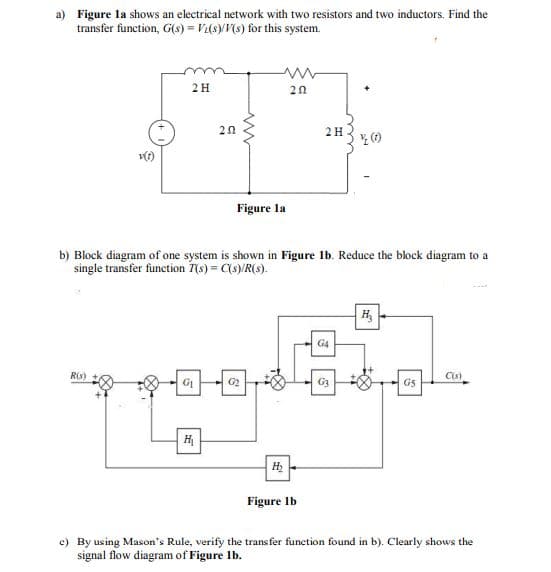 a) Figure la shows an electrical network with two resistors and two inductors. Find the
transfer function, G(s) = Vi(s)/V{s) for this system.
2H
20
2H
Figure la
b) Block diagram of one system is shown in Figure 1b. Reduce the block diagram to a
single transfer function 7(s) = C(s)/R(s).
G4
Rs)
Cis)
GS
G3
H
H2
Figure Ib
c) By using Mason's Rule, verify the transfer function found in b). Clearly shows the
signal flow diagram of Figure lb.
