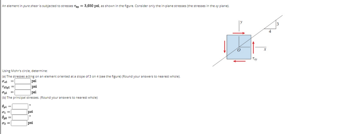 An element in pure shear is subjected to stresses Tzy = 3,650 psi, as shown in the figure. Consider only the in-plane stresses (the stresses in the xy plane).
Try
Using Mohr's circle, determine:
(a) The stresses acting on an element oriented at a slope of 3 on 4 (see the figure) (Round your answers to nearest whole).
psi
psi
psi
O21 =
Txlyl =
Oyl =
(b) The principal stresses. (Round your answers to nearest whole)
Op1 =
psi
O22 =|
o2 =
psi
