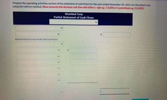 Prepare the operating activities section of the statement of cash flows for the year ended November 30, 2022, for Riverbed Corp,
using the indirect method. (Show amounts that decrease cash flow with either a-sign e.g.-15,000 or in parenthesis e.g. (15,000))
Riverbed Corp
Partial Statement of Cash Flows
Adjustments to reconcile net income to
<<
3
>
S
$