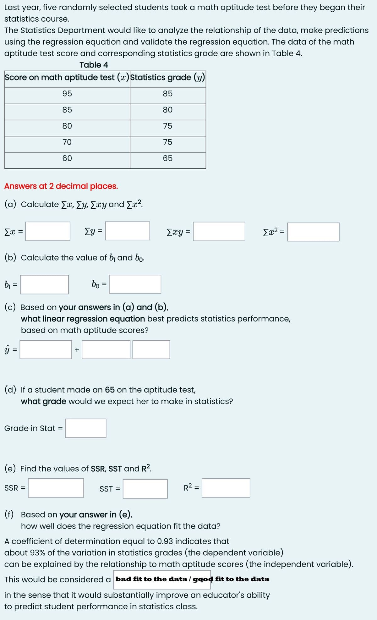 Last year, five randomly selected students took a math aptitude test before they began their
statistics course.
The Statistics Department would like to analyze the relationship of the data, make predictions
using the regression equation and validate the regression equation. The data of the math
aptitude test score and corresponding statistics grade are shown in Table 4.
Table 4
Score on math aptitude test (x)Statistics grade (y)
95
85
85
80
80
75
70
75
60
65
Answers at 2 decimal places.
(α) Calculate Συ, ΣΥy Σεy and Σα?.
Ex =
Ey =
Exy =
Ex² =
%3D
(b) Calculate the value of b and bo.
b =
bo =
%3D
(c) Based on your answers in (a) and (b),
what linear regression equation best predicts statistics performance,
based on math aptitude scores?
ŷ =
(d) If a student made an 65 on the aptitude test,
what grade would we expect her to make in statistics?
Grade in Stat =
(e) Find the values of SSR, SST and R2.
SSR =
SST =
R² =
(f) Based on your answer in (e),
how well does the regression equation fit the data?
A coefficient of determination equal to 0.93 indicates that
about 93% of the variation in statistics grades (the dependent variable)
can be explained by the relationship to math aptitude scores (the independent variable).
This would be considered a bad fit to the data / god fit to the data
in the sense that it would substantially improve an educator's ability
to predict student performance in statistics class.
+
