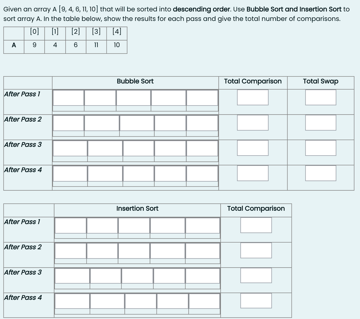 Given an array A [9, 4, 6, 11, 10] that will be sorted into descending order. Use Bubble Sort and Insertion Sort to
sort array A. In the table below, show the results for each pass and give the total number of comparisons.
[0] [1] [2]
[3] [4]
A
9
4
6.
11
10
Bubble Sort
Total Comparison
Total Swap
After Pass 1
After Pass 2
After Pass 3
After Pass 4
Insertion Sort
Total Comparison
After Pass 1
After Pass 2
After Pass 3
After Pass 4
