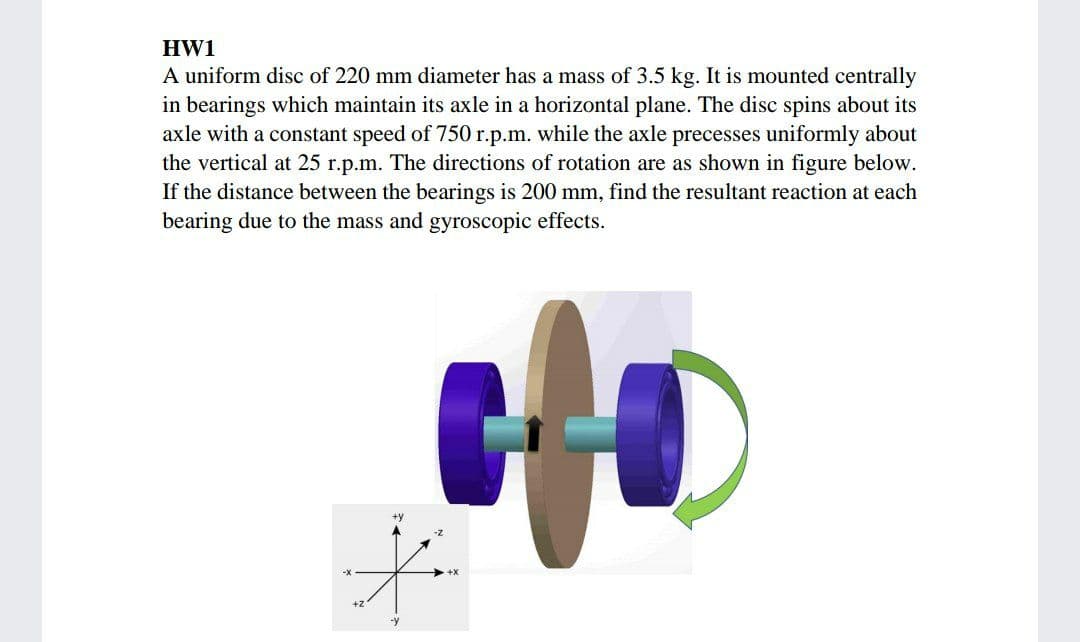 HW1
A uniform disc of 220 mm diameter has a mass of 3.5 kg. It is mounted centrally
in bearings which maintain its axle in a horizontal plane. The disc spins about its
axle with a constant speed of 750r.p.m. while the axle precesses uniformly about
the vertical at 25 r.p.m. The directions of rotation are as shown in figure below.
If the distance between the bearings is 200 mm, find the resultant reaction at each
bearing due to the mass and gyroscopic effects.
+X
+2
