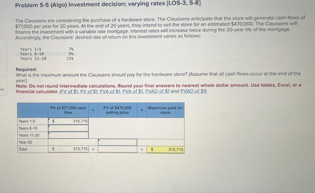 ces
Problem 5-5 (Algo) Investment decision; varying rates [LO5-3, 5-8]
The Claussens are considering the purchase of a hardware store. The Claussens anticipate that the store will generate cash flows of
$77,000 per year for 20 years. At the end of 20 years, they intend to sell the store for an estimated $470,000. The Claussens will
finance the investment with a variable rate mortgage. Interest rates will increase twice during the 20-year life of the mortgage.
Accordingly, the Claussens' desired rate of return on this investment varies as follows:
Years 1-5
Years 6-10
Years 11-20
Required:
7%
9%
11%
What is the maximum amount the Claussens should pay for the hardware store? (Assume that all cash flows occur at the end of the
year.)
Note: Do not round intermediate calculations. Round your final answers to nearest whole dollar amount. Use tables, Excel, or a
financial calculator. (FV of $1, PV of $1, FVA of $1, PVA of $1, FVAD of $1 and PVAD of $1)
PV of $77,000 cash
flow
+
PV of $470,000
selling price
=
Maximum paid for
store
Years 1-5
$
315,715
Years 6-10
Years 11-20
Year 20
Total
$
315,715 +
= $
315,715