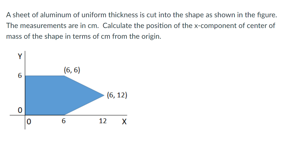 A sheet of aluminum of uniform thickness is cut into the shape as shown in the figure.
The measurements are in cm. Calculate the position of the x-component of center of
mass of the shape in terms of cm from the origin.
Y
(6, 6)
(6, 12)
6.
12
