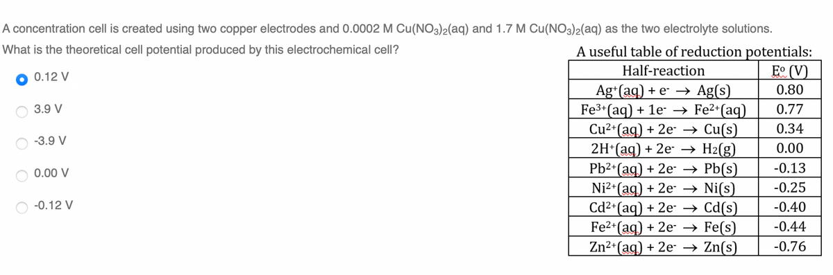 A concentration cell is created using two copper electrodes and 0.0002 M Cu(NO3)2(aq) and 1.7 M Cu(NO3)2(aq) as the two electrolyte solutions.
A useful table of reduction potentials:
Eº (V)
What is the theoretical cell potential produced by this electrochemical cell?
Half-reaction
0.12 V
Ag*(ag) + e- → Ag(s)
Fe3+(aq) + 1e- → Fe2+(aq)
Cu2+(ag) + 2e- → Cu(s)
2H*(ag) + 2e- → H2(g)
Pb2*(aq) + 2e- → Pb(s)
Ni²+(ag) + 2e → Ni(s)
Cd2+(aq) + 2e- → Cd(s)
Fe2+(aq) + 2e- → Fe(s)
Zn2+(ag) + 2e → Zn(s)
0.80
3.9 V
0.77
0.34
-3.9 V
0.00
-0.13
0.00 V
-0.25
-0.12 V
-0.40
-0.44
-0.76
